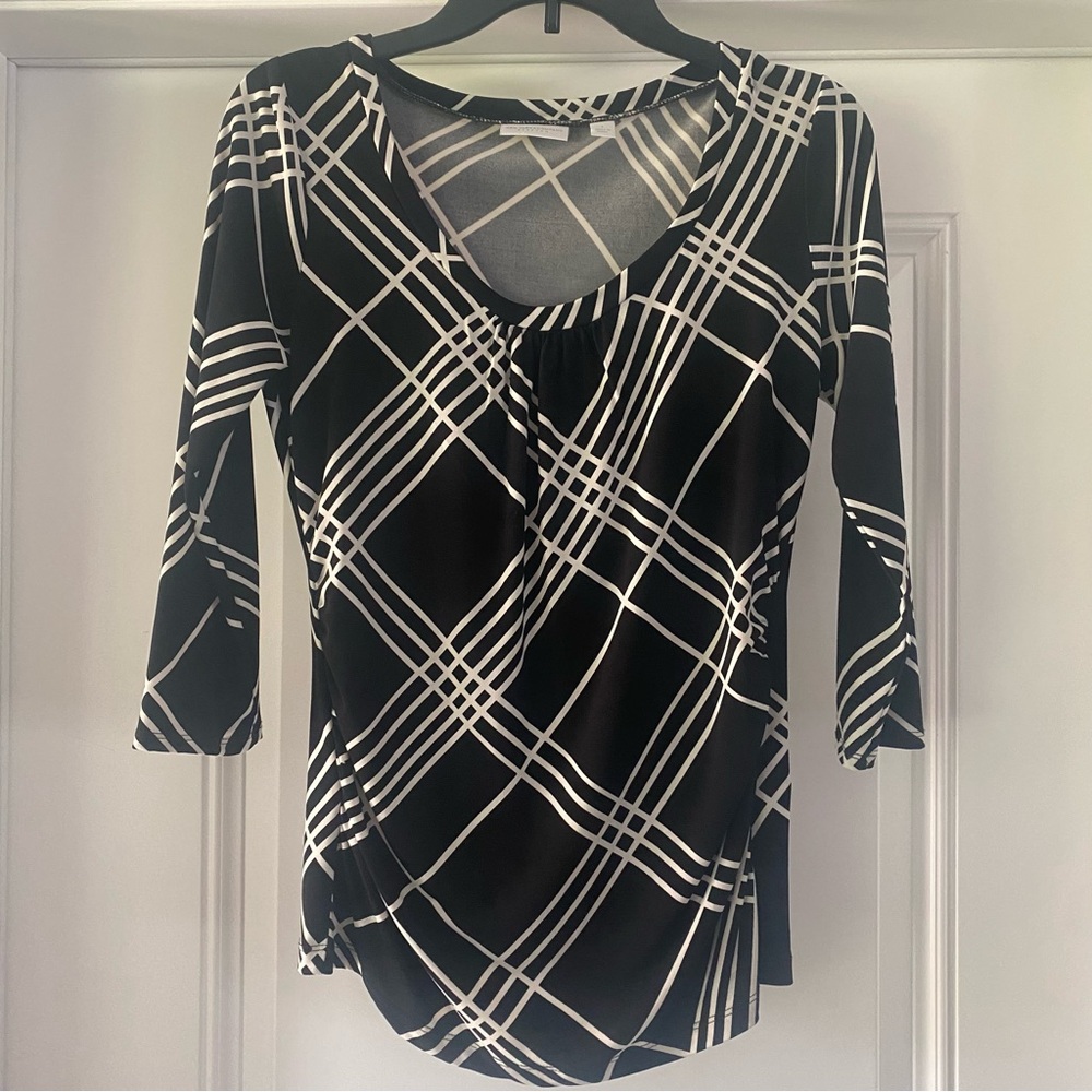 New York & Company Asymmetrical Ruched Black and White Blouse